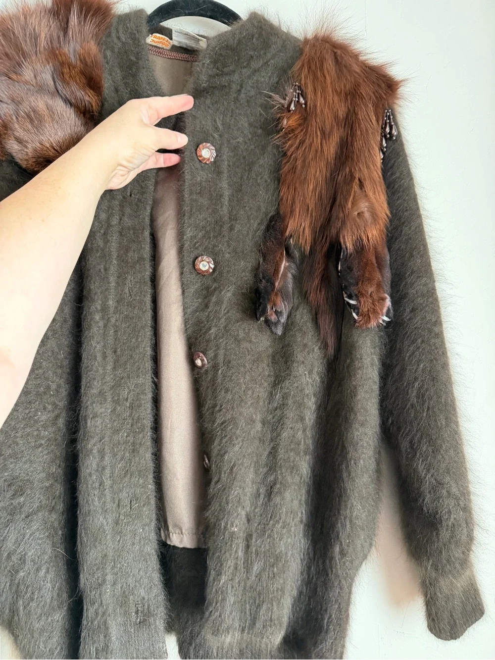 Vintage 1950s/60s Trapeze Junior Angora Wool Knit Jacket Beaded Fur Trim M/L
